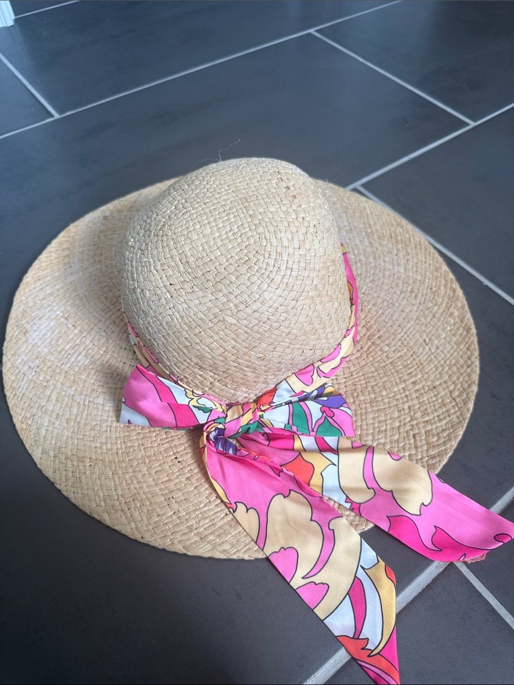 Straw Sun Hat with Pink Floral Scarf Accent